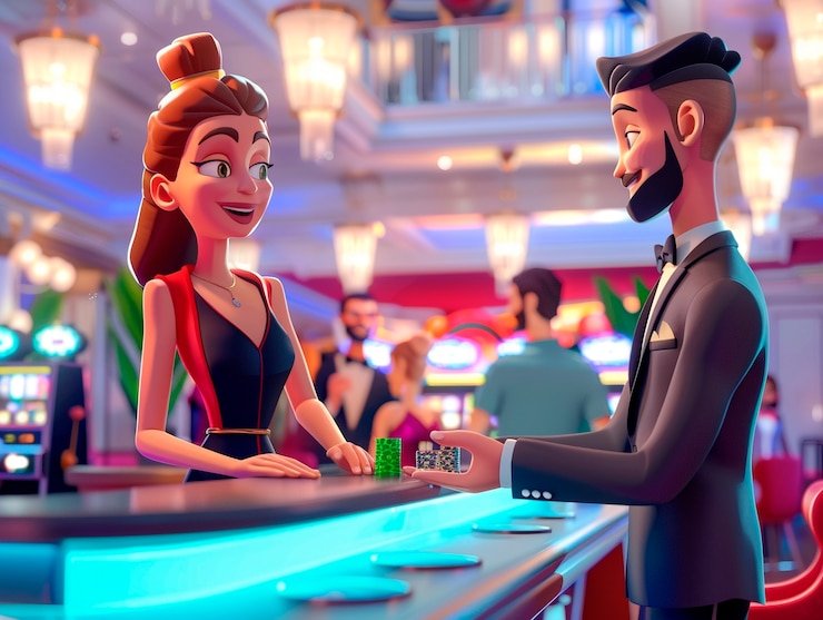 Antarmuka meja baccarat Grand Slam dengan papan taruhan dan dealer multilingual